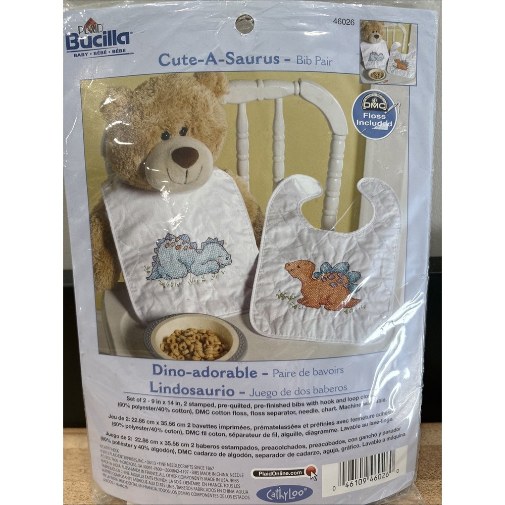 Bucilla Cute-A-Saurus Bib Pair 2013 Stamped Cross Stitch Kit 46026
